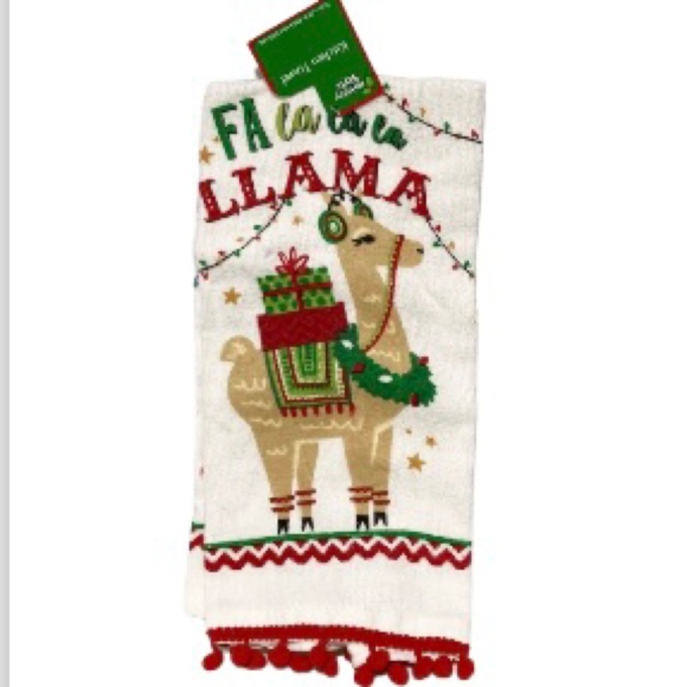 Christmas Fa la la LLAMA Red Pom Poms Kitchen Dishtowel 14 x 24 inches